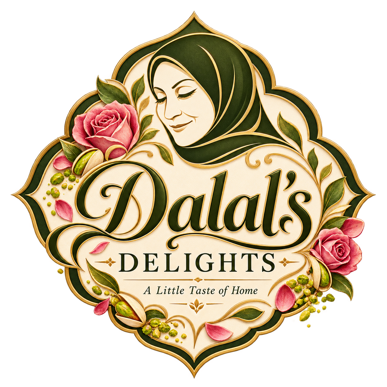 Dalal’s Delights ornate olive and gold logo with roses and pistachios